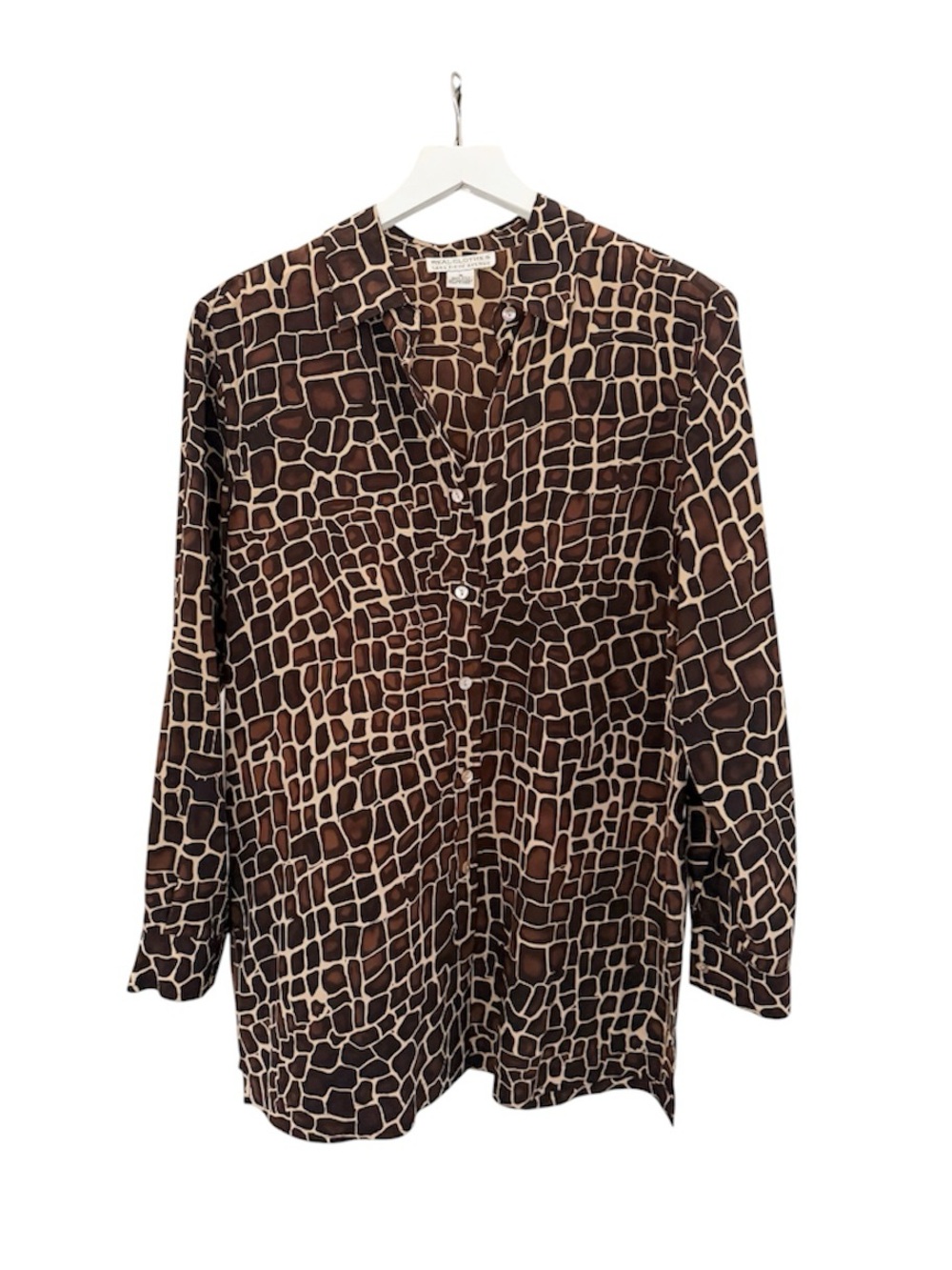 Vintage Saks Fifth Avenue Giraffe Print 100% Silk Blouse Long Sleeve Size Medium